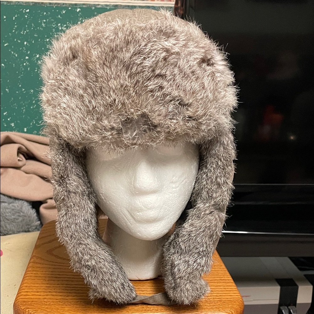 Real Fur down feather filled Trapper Hat with fur ear flaps